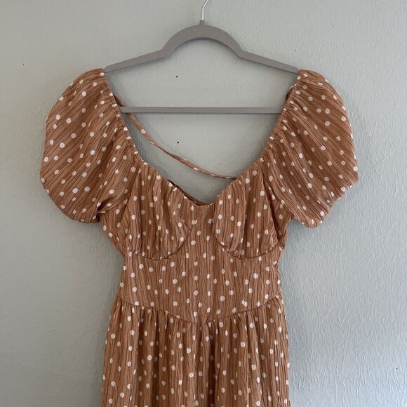 American Eagle Polka Dot Maxi Dress Tan Puff Sleeve NWT XS - Picture 3 of 11